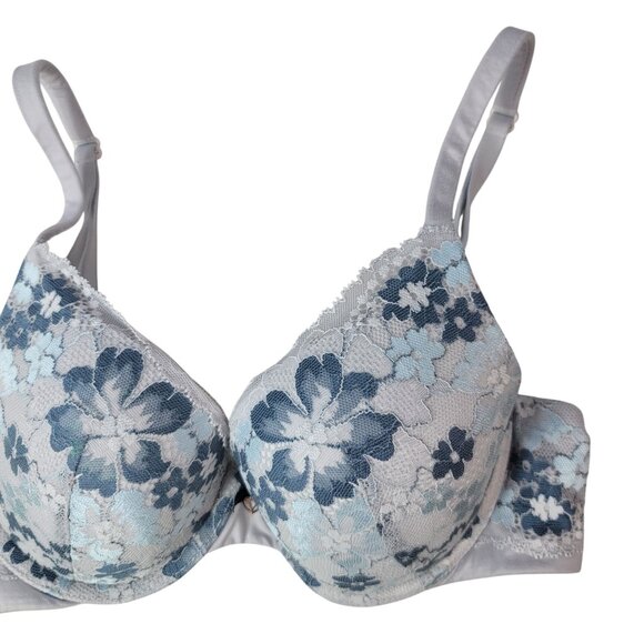 Victoria's Secret Body By Perfect Shape Bra Gray 32C Floral Lace Underwire Padd - Picture 2 of 12